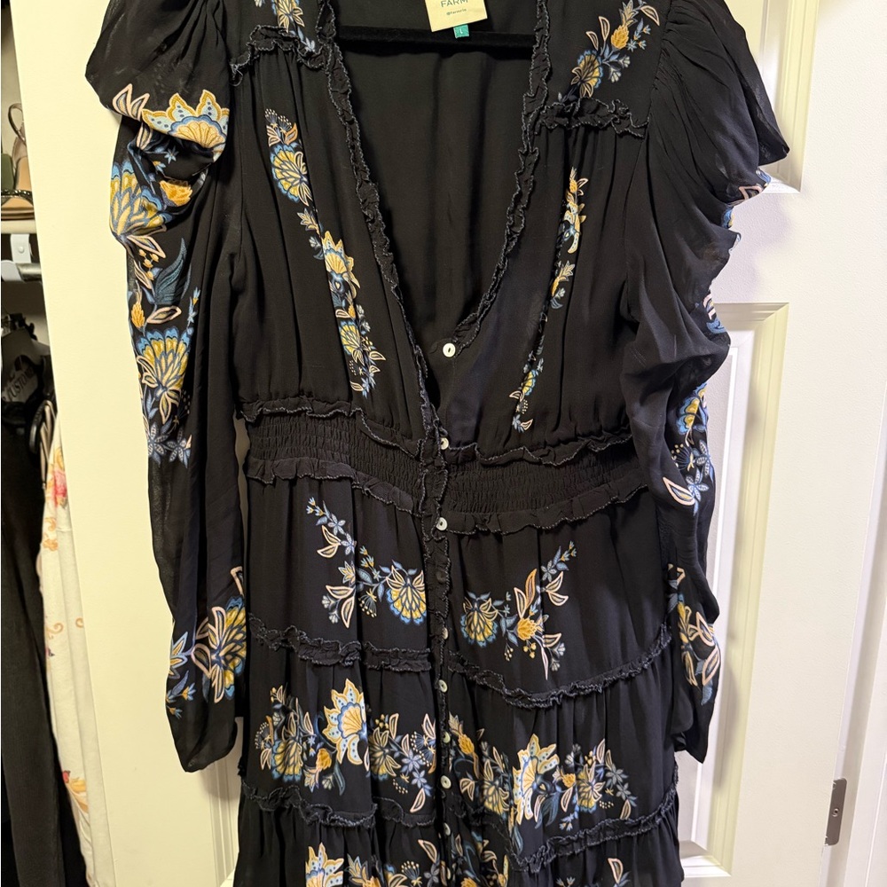 FARM Rio Black Dress with Yellow and Blue Floral Design